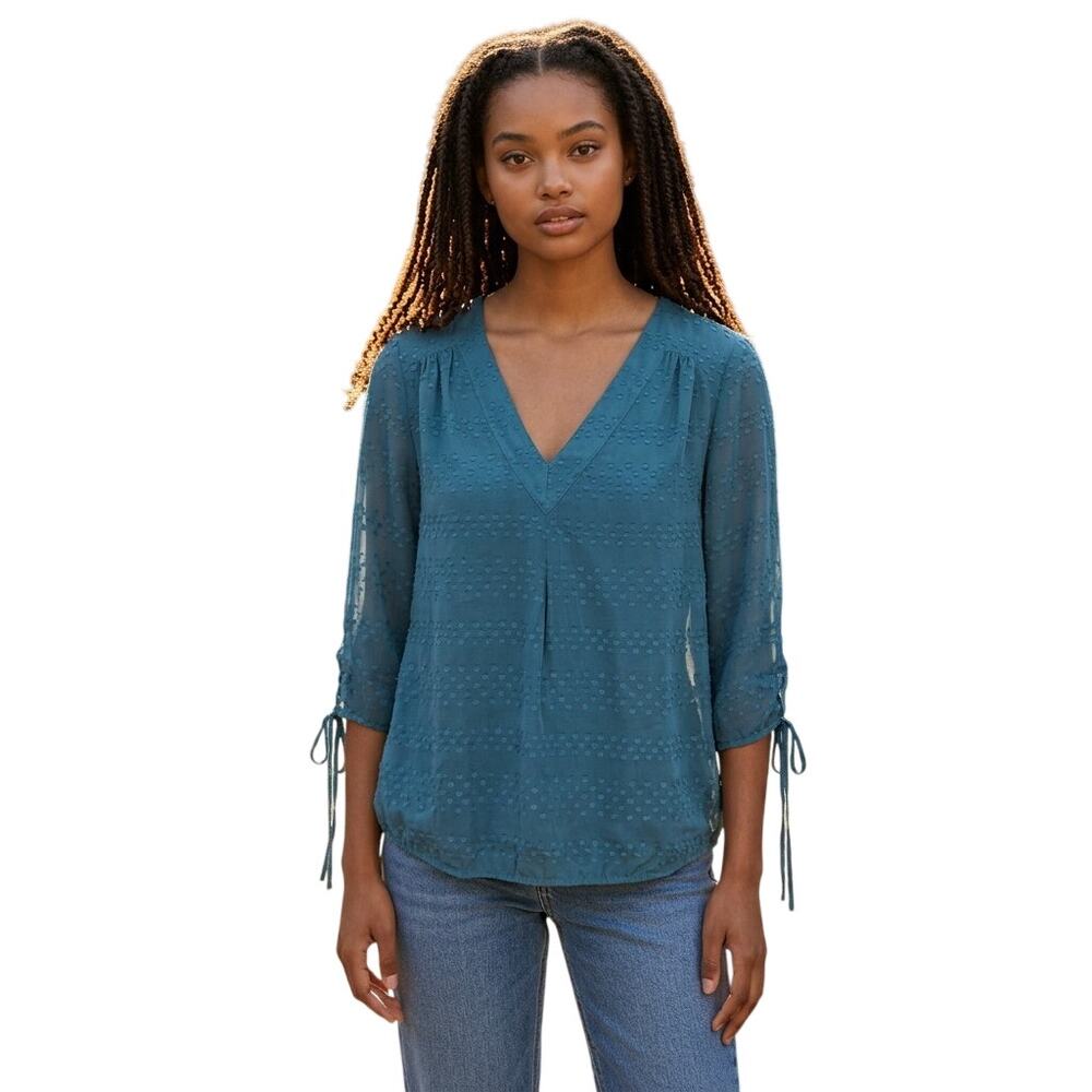 Sheer Teal Blouse Sz M Lined V-Neck 3/4 Sleeve Swiss Dot Loose Fit NY& CO